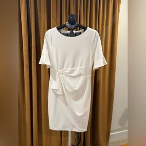 DKNY Lined White Midi Dress with Ruffle Sleeves